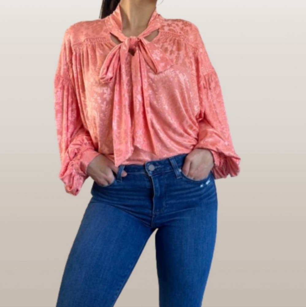 🍊Free People Lucca Tie Neck Jacquard  Style Floral Blouse Coral Orange